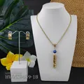 Detailed shot of gold hollow jewelry set with blue shell pearls and length dimensions - Dark Blue Pearl(HWNX9439-18)