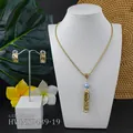 Detailed set of gold hollow pendant necklace with blue pearl and matching earrings - Light Blue Pearl(HWNX9439-19)