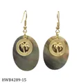 Detail of Hawaii coconut tree gold coin earrings with iridescent black shell pendants - Hawaii Coconut Tree Sign Style (HWB4289-15)
