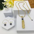 Parure de bijoux vintage dorée avec perles et collier à pendentif tube évidé - Style Perle Gris Foncé (HWNX9703-12)