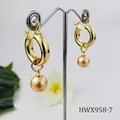 Retro 18K gold plated hoop earrings with champagne shell pearls and metal display - Champagne Gold Pearl Style (HWX958-7)