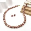 Elegantes 12mm Champagner Perlenkette und passende Ohrstecker Schmuckset für Damen - Roségold (HWNX9179-2)