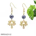 Minimalist gold palm tree drop earrings with dark grey mother-of-pearl beads - Palm Tree Style (HWX1623)