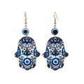 Blue Hamsa Hand and Evil Eye acrylic drop earrings with bohemian patterns and gold hooks - Blue and White Mandala