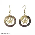 Macro view of golden shell charm inside dark pearlescent hoop earring with wire wrap hook - Gold Shell Style (HWB4291-1)