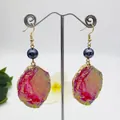 Artistic gold-plated boho drop earrings with colorful volcanic crystal and grey pearls - Iridescent Pink Red (HWX1176-1)