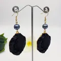 Exaggerated gold plated earrings with dark grey pearls and black volcanic stone drops - Black Natural Stone (HWX1176-2)