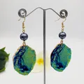 Elegant gold-plated drop earrings with natural colorful crystal druzy slices and pearls - Blue Green Crystal (HWX1176-3)