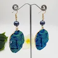 Chunky gold-plated earrings with iridescent blue-green druzy stone and dark gray bead drops - Iridescent Blue Green (HWX1176-4)