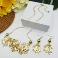 Parure collier et boucles d'oreilles fleur évidée dorée vintage avec perles vertes - Style Perle Vert Olive (HWNX9609-5)