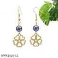 Minimalist gold dangle earrings with dark pearl and hollow four-leaf clover charm - Clover Style (HWX1626)