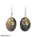 Tropical monstera leaf earrings with oval black shell pendants and golden hooks - Hollow Monstera Leaf Style (HWB4289-1)