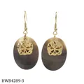 Tropical style golden floral earrings with large oval black mother of pearl shells - Hollow Floral Style (HWB4289-3)
