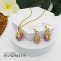 Detail of round shell pearl jewelry set with vine pattern and 22.5+2 inch gold chain - Pink Purple Style (HWNX9631-8)