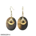 Tropical style golden fan earrings with oval iridescent black shell dangles - Scallop and Heart Style (HWB4289-4)