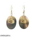 Oval black shell drop earrings with golden heart and pet paw cutout charms - Heart and Paw Print Style (HWB4289-6)