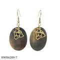 Tropical style oval black shell earrings with gold Hawaii island map and heart hook - Hawaii Island Outline with Heart Style (HWB4289-7)