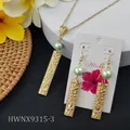 Hawaiian bar jewelry set with necklace and shell pearl earrings on a woven tropical mat - Light Green Style (HWNX9315-3)
