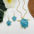 Resin turtle necklace and earrings set with gold plating and blue marble finish - Lake Blue Marble Turtle Necklace And Earrings (HWNX9682-1)