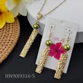 Hawaiian jewelry set with gold engraved bar, green pearls, necklace and earrings - Dark Green Pearl Style (HWNX9316-5)