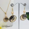 Detail of Hawaii style wave pendant necklace and earrings set with natural pearls - Gold Pearl Style (HWNX9691-7)