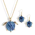 Golden resin turtle jewelry set with marble pattern necklace and hook earrings - Blue White Marble Turtle Necklace And Earrings (HWNX9682-5)