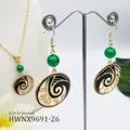 Hawaiian wave necklace and earrings jewelry set with green beads and enamel details - Emerald Green Pearl Style (HWNX9691-26)