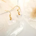 Detail von Naturkristall-Ohrringen mit Goldhaken, hängend an Glas mit weichem Federdekor - Bergkristall Gold