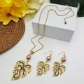 Tropical monstera leaf jewelry set with gold alloy, purple pearls and necklace - Lavender Pearl Style (HWNX9484-2)