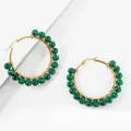 Bohemian gold wire wrapped malachite hoop earrings for women with green striped beads - Malachite