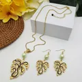 Tropical monstera leaf jewelry set with gold pendant, green pearl and matching earrings - Light Green Pearl Style (HWNX9484-3)
