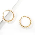 Detail of handmade wire-wrapped gold hoop earrings with white translucent natural stone beads - White Crystal