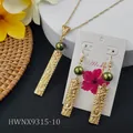 Hawaiian gold jewelry set with engraved vertical bars and dark green mother of pearl - Dark Green Style (HWNX9315-10)