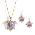 Golden turtle jewelry set with purple marble resin necklace and matching drop earrings - Purple Pink Marble Turtle Necklace And Earrings (HWNX9682-2)