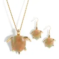 Golden turtle jewelry set with marbled green resin shell on white background - Phantom Green Orange Marble Turtle Necklace And Earrings (HWNX9682-4)
