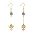 Detail of gold leaf drop earrings with grey pearl beads and geometric hollowed charms - Hollow Geometric Leaf
