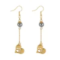 Golden drop earrings with grey pearl and heart-shaped animal claw print cutout charms - Hollow Heart Paw Print