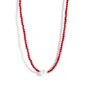 Detail of red faceted crystal beads necklace with a single white pearl and gold spacers - Red Beads White Shell Pearl (Style 1)