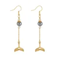 Elegant gold whale tail drop earrings with grey pearl beads and heart cutout design - Heart Hollow Whale Tail