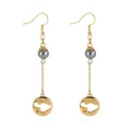 Detailed view of turtle leaf drop earrings with grey pearl beads and hollow metal map charm - Hollow Turtle