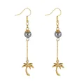 Golden palm tree dangle earrings with dark grey beads on white background - Hollow Coconut Tree