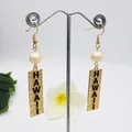 Minimalist gold Hawaii drop earrings featuring white pearls and engraved rectangle charms - White Bead Style (HWX1216-13)