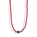 Detail of red faceted glass beads necklace with a dark iridescent pearl centerpiece - Red Beads Dark Gray Shell Pearl (Style 10)