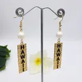 Hawaii style gold engraved pendant earrings with white pearls on a minimalist white stand - White Pearl Style (HWX1216-15)