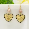 Detail of vintage heart earrings featuring floral relief with purple pearl bead accents - Pink Purple Bead Heart Style (HWX1616-2)