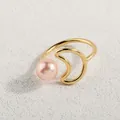 Detailed shot of gold open ring with pink pearl and crescent moon minimalist design - Gold Pink Pearl Moon Style (AWM_8156)