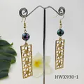 Minimalist gold hollow floral bar earrings with dark iridescent beads for daily wear - Dark Iridescent Style (HWX930-1)