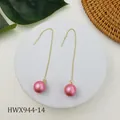 Orecchini a filo dorati con perle rosa naturali e catenina lunga in stile chic - Stile Rosa Metallico (HWX944-14)