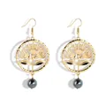 Hollow flower gold earrings with peacock pearl charms and intricate metal petal details - Iridescent Dark (HWX1652-1)