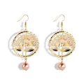 Elegant gold hollow floral hoop earrings with pink pearl drops on white background - Pink (HWX1652-2)
